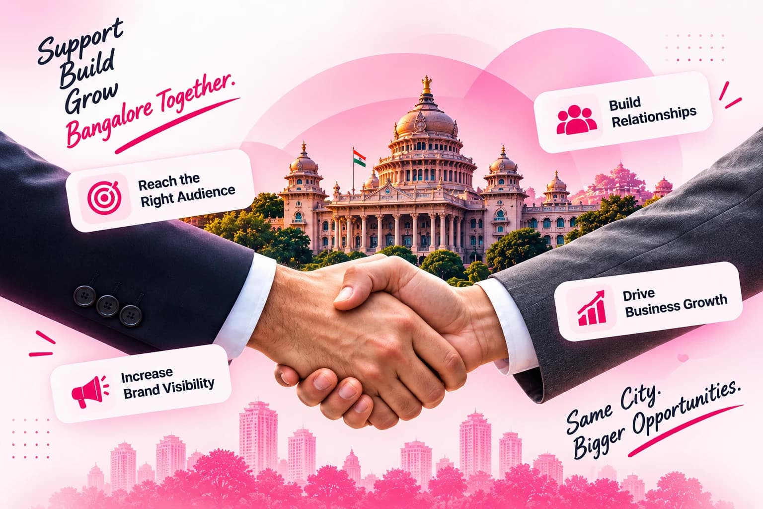 Two business partners shaking hands in front of Bengaluru's Vidhana Soudha — reach the right audience, build relationships, drive business growth, increase brand visibility.